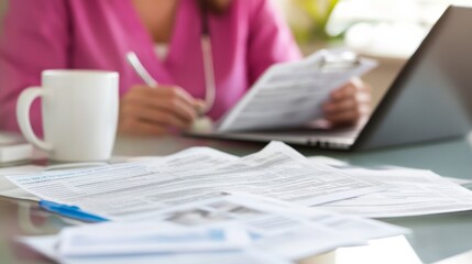 A woman reviewing healthcare bills at a bright kitchen table. Featuring clarity and stress