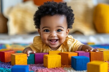 Smiling baby playing with colorful blocks and looking directly at the camera