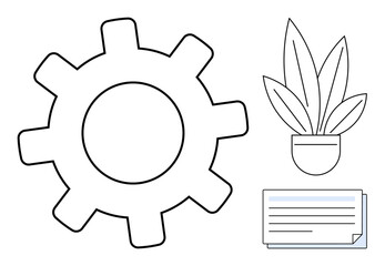 Large gear, potted plant, and document outline. Ideal for productivity, efficiency, growth, organization, work-life balance process optimization sustainability concepts. Abstract line flat metaphor