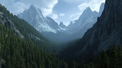 Obraz premium Majestic snow covered mountains tower over a lush evergreen forest