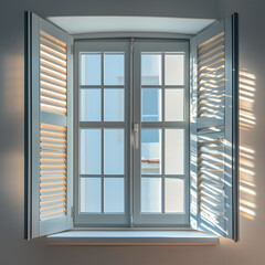 Fototapeta premium Urban Comfort: Closed Shutters in a Cozy Apartment Room, window in the wall