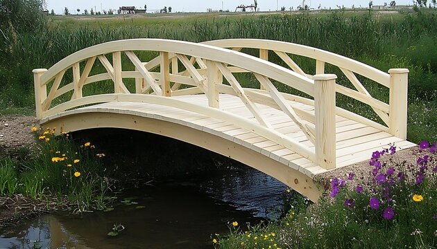 A wooden arched bridge spans a small stream surrounded by green grass