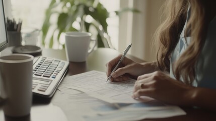 A woman reviewing medical debt on a desk at home. Featuring financial focus and concern