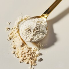 Scoop of Whey Protein Powder with Golden Spoon, Minimalistic Food Styling