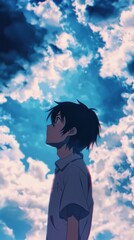 Anime boy looking up at dramatic sky. Possible stock use background