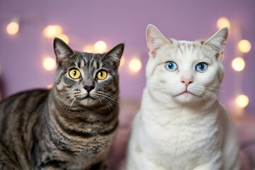 Obraz premium Two Adorable Cats: Brown Tabby with Yellow Eyes & White Cat with Blue Eyes Portrait - Cute Feline Friends in Soft Bokeh Background