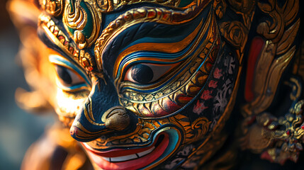 Fototapeta premium of a Thai brass bell with intricate designs of lotus flowers and mythical creatures etched into the surface 