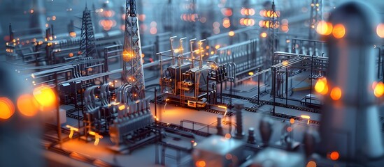 a detailed, illuminated industrial complex with numerous structures, pipes, and machinery, likely representing a refinery or chemical plant, with a futuristic and high-tech appearance.