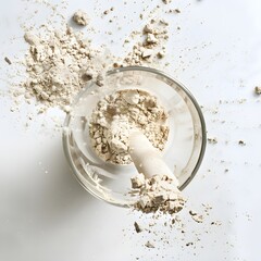 Whey Protein Powder Dynamically Poured into Blender on White Background