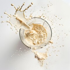 Dynamic Overhead Whey Protein Powder Pouring Into Blender on White Background
