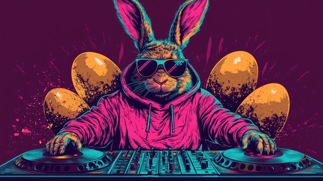 Cool rabbit dj with headphones and easter eggs in neon art style. Easter, Pascha, Paskha, Ostern, Pascua, Paques - Orthodox and Catholic Holiday celebration