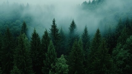 Misty forest scene displaying tall evergreen trees in abundance