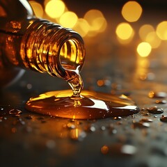 An amber liquid is being poured from a bottle onto a surface, with bokeh lights in the background creating a warm, glowing effect.
