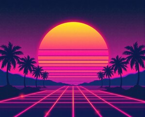 Naklejka premium A vibrant sunset with a purple and orange gradient, surrounded by palm trees and a grid pattern, evoking a retro, synthwave aesthetic.