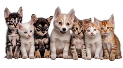 Adorable kittens of various breeds and colors such as tabby siamese persian ragdoll maine coon bengal and scottish fold posing together in a portrait style group image