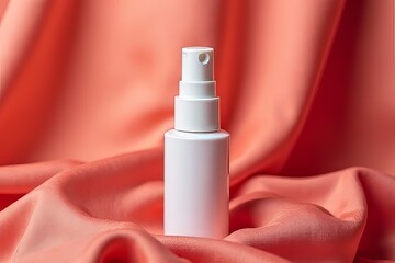 Elegant White Spray Bottle on Coral Fabric Background for Skincare or Cosmetics