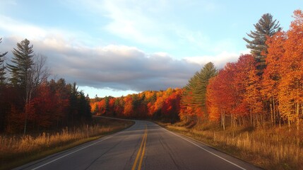Obraz premium Autumn colors line a road under a cloudy sky