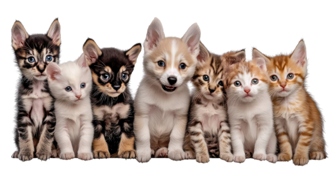 Adorable kittens of various breeds and colors such as tabby siamese persian ragdoll maine coon bengal and scottish fold posing together in a portrait style group image