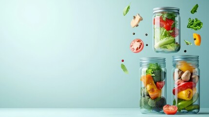 Three glass jars filled with vegetables and fruits