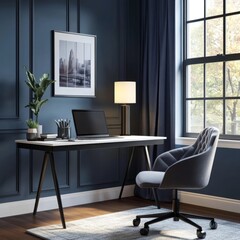 Modern home office desk with city view