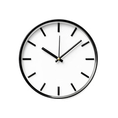 Simple round analog wall clock with black hands and white face isolated on transparent background (PNG)