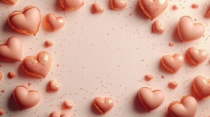 Heart-shaped pink macarons with gold glitter on light background. The 14th of February. Happy Valentine's Day