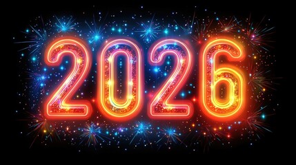 Glowing 2026 neon sign with colorful fireworks against dark background. Happy New Year 2026