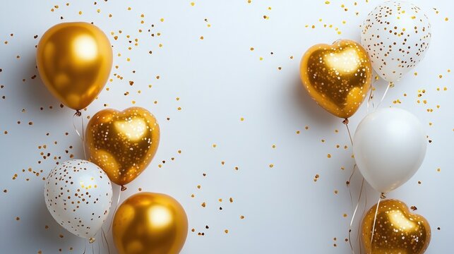 Gold and white heart balloons with confetti on light background. The 14th of February. Happy Valentine's Day