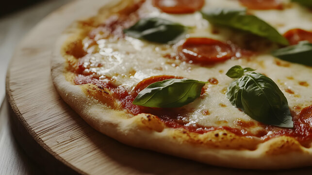 Delicious classic margherita pizza with fresh basil leaves, ready to be served and enjoyed.