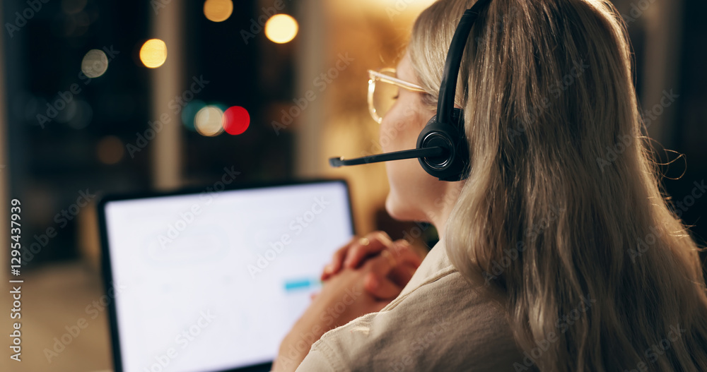 Poster Businesswoman, telemarketing and virtual assistant with headset at call centre for customer service. Female person or employee and computer for client support and communication for technical issues