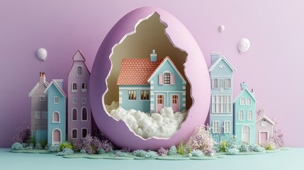 Fototapeta premium Whimsical egg house surrounded by pastel miniature buildings in dreamlike setting. Easter, Pascha, Paskha, Ostern, Pascua, Paques - Orthodox and Catholic Holiday celebration