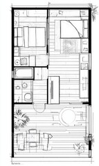 Fototapeta premium Studio apartment floor plan, interior design, detailed layout, background of furniture and fixtures