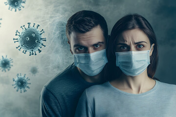 A man and a woman wearing medical face masks with a background of magnified virus particles, symbolizing airborne diseases and the unseen threats