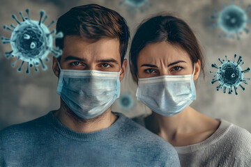 A man and a woman wearing medical face masks with a background of magnified virus particles, symbolizing airborne diseases and the unseen threats