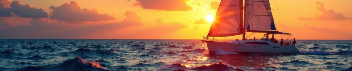 Fototapeta premium A sailboat at sunset with waves in the background, marine, sailboat, waves