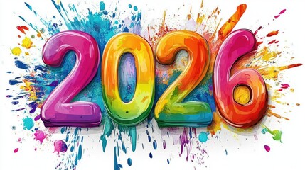 Colorful artistic 2026 design with vibrant paint splashes. Happy New Year 2026