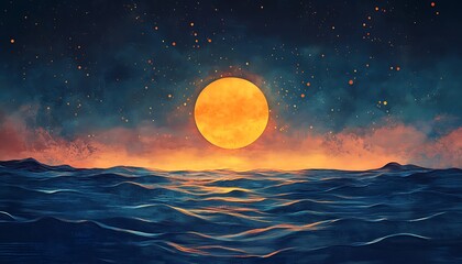 Obraz premium Orange moon over night ocean
