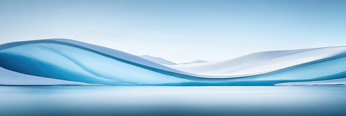 Panoramic photo of an incredible white iceberg landscape, a simple clear blue sky, a lake with reflections, and a calming scene.