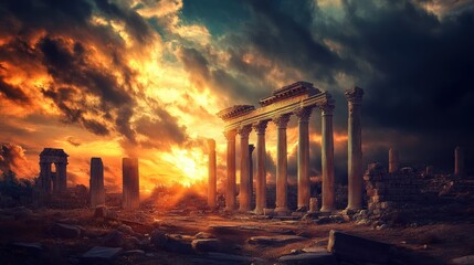Fototapeta premium Ancient ruins stand silhouetted against a vibrant and cloudy sunset