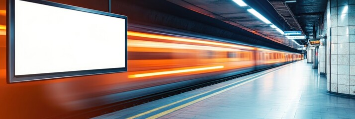 A blank billboard on the platform of an empty train station, with moving trains passing by in motion blur. The environment is gray and industrial, creating a sense of solitude.