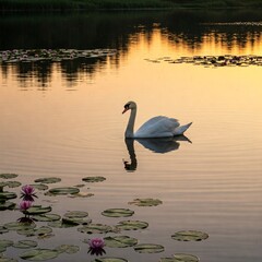 Fototapeta premium Swan Gliding on a Lake Reflecting the Sunset with Lilies Around