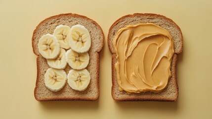 Fototapeta premium Two slices of toast, one with banana, one with peanut butter. Perfect for healthy eating blogs or breakfast recipes.