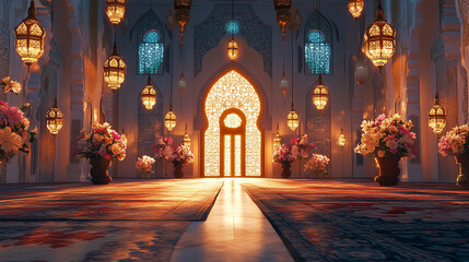 Fototapeta premium Majestic Hallway with Elegant Chandeliers. A beautifully lit hallway adorned with intricate chandeliers, featuring reflective marble floors and ornate windows