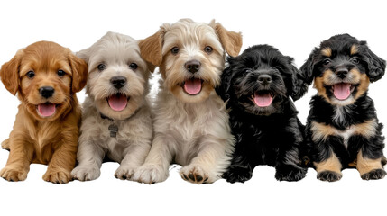 A group of five adorable and happy puppies playing together smiling and showing their affection as loyal domestic pets and animal companions