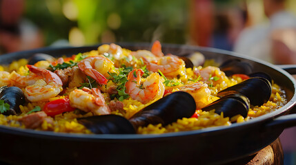 Authentic Spanish Paella with Seafood, Chicken, and Chorizo, a Flavorful Mediterranean Dish