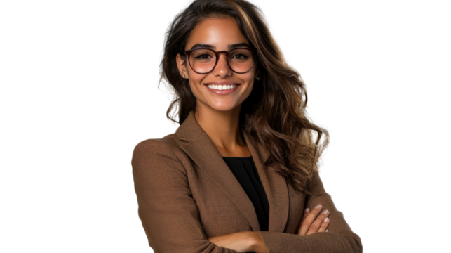 Confident and Successful Young Professional Woman Wearing Business Attire and Eyeglasses Smiling Happily in Front of White Studio Background