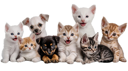 Fototapeta premium Adorable Kittens and Puppies Cuddling Together as a Loving Family Playful Fluffy Domestic Pets Posing for a Studio Portrait Capturing the Joyful