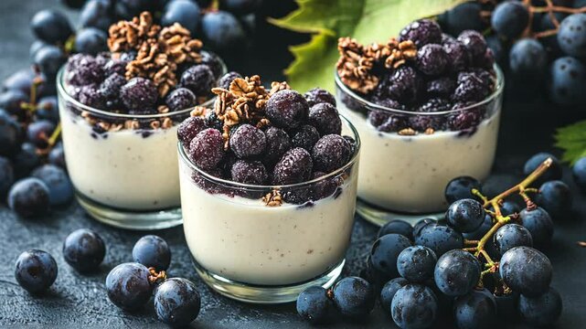 Fresh grape parfait served in glass cups with crunchy granola on a dark stone background