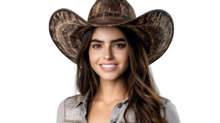Cheerful young woman wearing a brown cowgirl hat and smiling joyfully while surrounded by the beautiful natural scenery of a bright sunny meadow or field  She appears confident