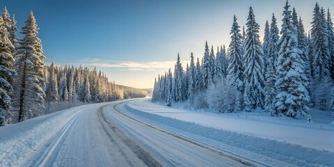 Obraz premium Snowy road winding through a winter forest at sunrise.